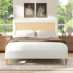 Haley Upholstered Cane-Back Platform Bed, Queen, Antique White Polyester