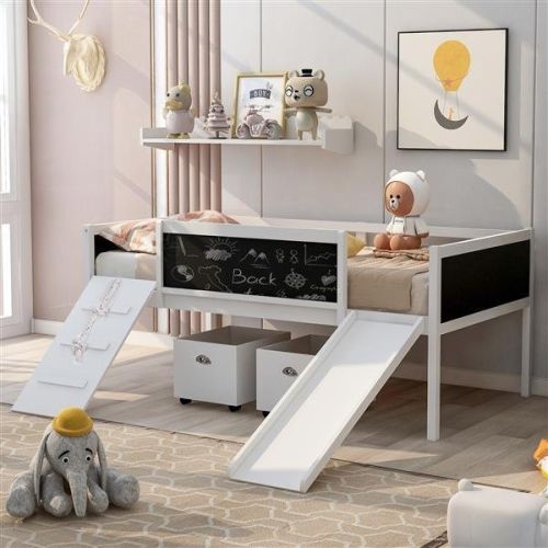 Twin size Loft Bed Wood Bed with Two Storage Boxes - White Twin size Loft Bed Wood Bed with Two Storage Boxes - White