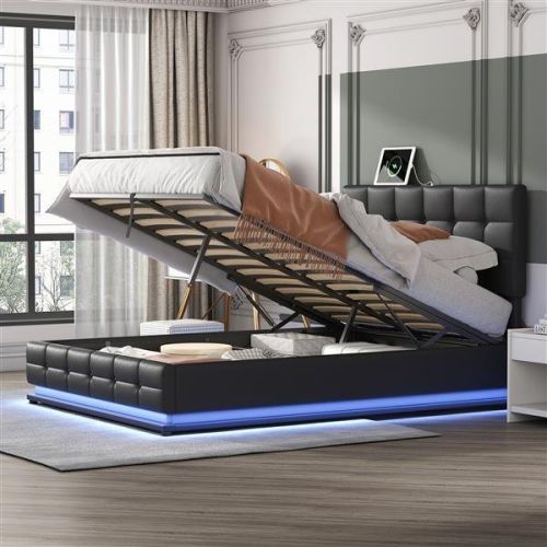 Tufted Upholstered Platform Bed with Hydraulic Storage System,Queen Size PU Storage Bed with LED Lights and USB charger, Black Tufted Upholstered Platform Bed with Hydraulic Storage System,Queen Size PU Storage Bed with LED Lights and USB charger, Black
