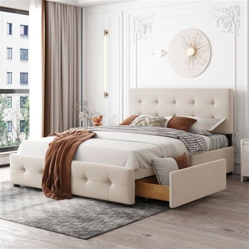 Upholstered Platform Bed with Classic Headboard and 4 Drawers, No Box Spring Needed, Linen Fabric, Queen Size Beige Upholstered Platform Bed with Classic Headboard and 4 Drawers, No Box Spring Needed, Linen Fabric, Queen Size Beige