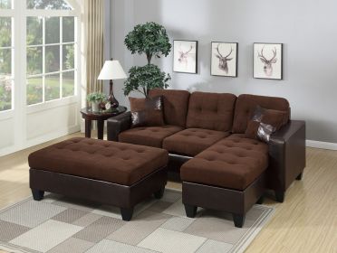 Chocolate Plush Microfiber / Faux Leather 3pcs Reversible Sectional Sofa Chaise w Ottoman Chaise Tufted Couch Lounge Living Room Furniture