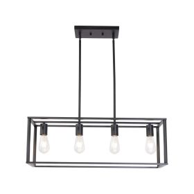 Pendant Lighting 4 Light Industrial Vintage Open Frame Rectangle Chandeliers Modern Black Linear Cage Ceiling Light Fixture