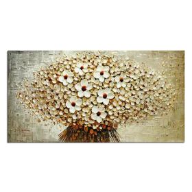 100% Hand-painted modern home decor wall art picture a bunch of beige flowers thick paint palette knife oil painting on canvas (size: 90x120cm)